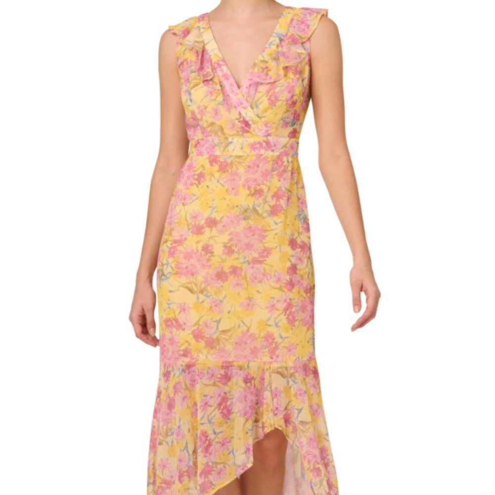 NWT Adrianna Papell Women's Printed Midi Dress, Yellow Multi, 16